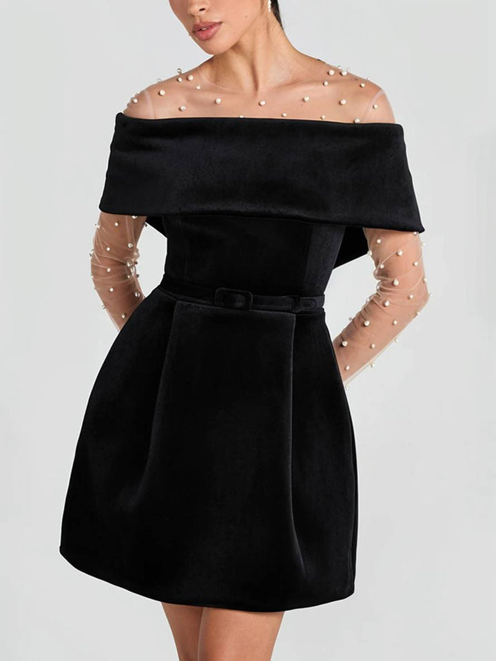 Levoire | Robe À Bretelles Courte En Velours Avec Décolleté Bateau, Poches, Ceinture, Élégante Robe De Soirée Pour Occasions, Cocktail Party