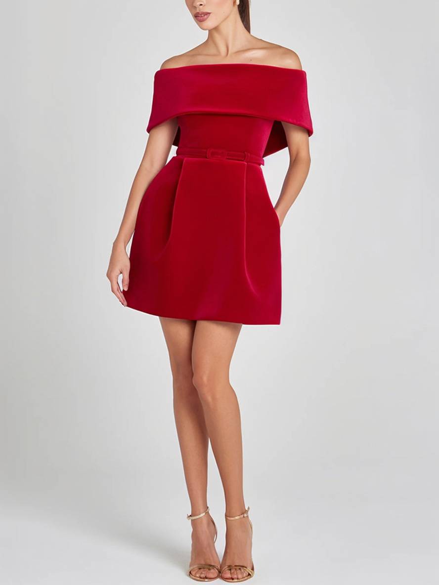 Levoire | Robe À Bretelles Courte En Velours Avec Décolleté Bateau, Poches, Ceinture, Élégante Robe De Soirée Pour Occasions, Cocktail Party