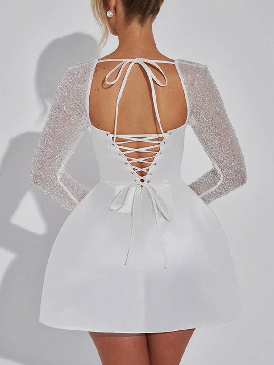 Levoire | Robe Patineuse Évasée Paillettes Brillantes Décolleté Carré Dos Nu Avec Lacets Manches Longues Élégante Robe De Soirée Cocktail Femme