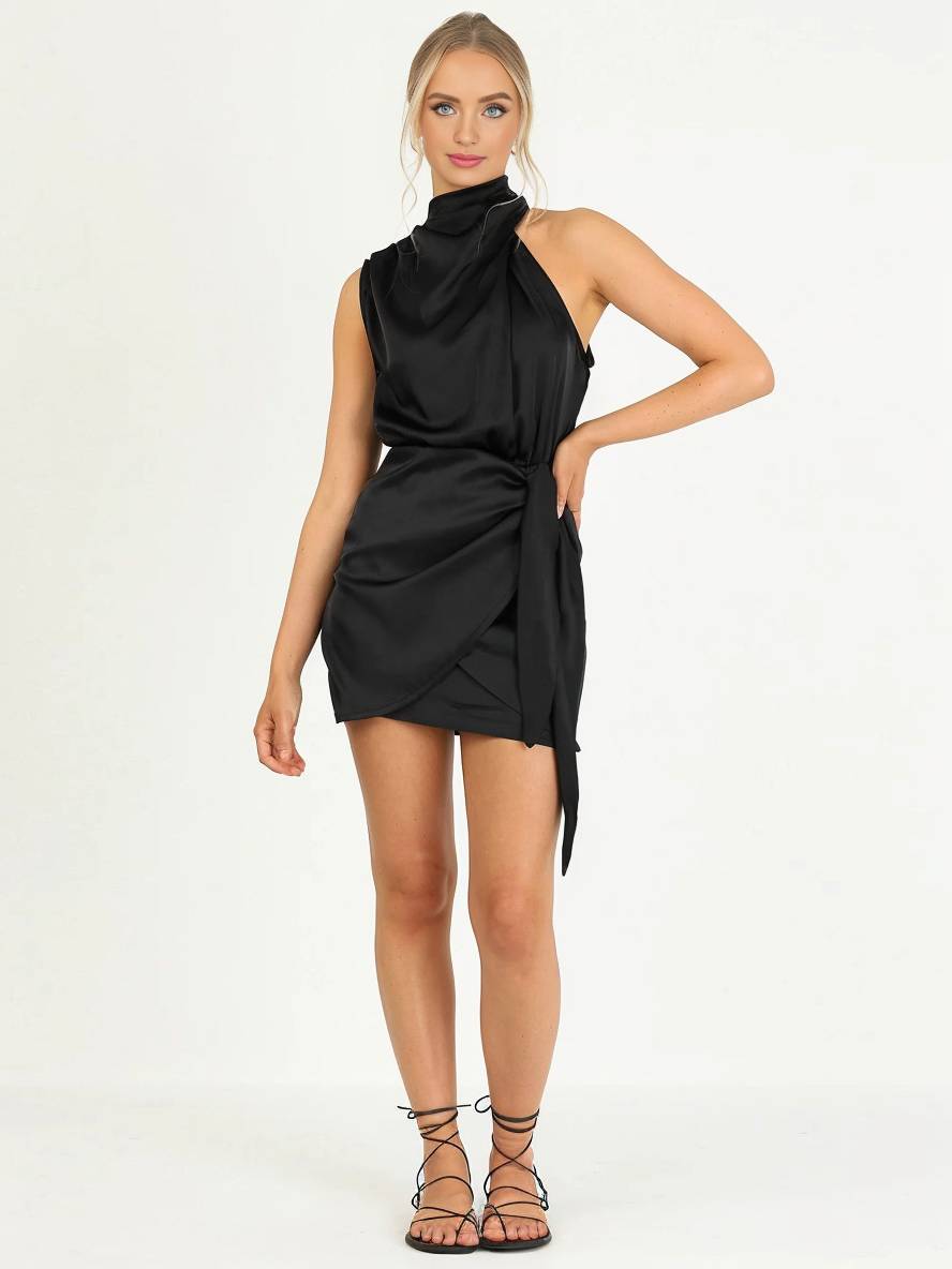 Levoire | Robe Courte Irrégulière Ceinture Col Roulé Dos Nu Sans Manches Dames Élégante Cérémonie Invitée De Mariage Cocktail