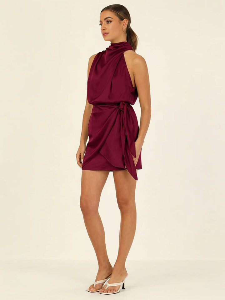 Levoire | Robe Courte Irrégulière Ceinture Col Roulé Dos Nu Sans Manches Dames Élégante Cérémonie Invitée De Mariage Cocktail