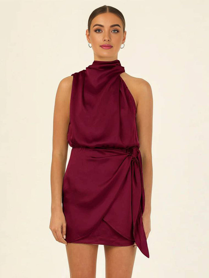 Levoire | Robe Courte Irrégulière Ceinture Col Roulé Dos Nu Sans Manches Dames Élégante Cérémonie Invitée De Mariage Cocktail