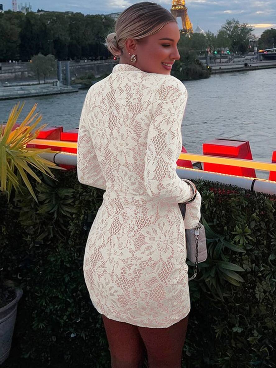 Levoire | Robe Courte À Dentelle Encolure Ajustée Col Mao Manches Larges Manches Longues Femme Robe De Cocktail Élégante