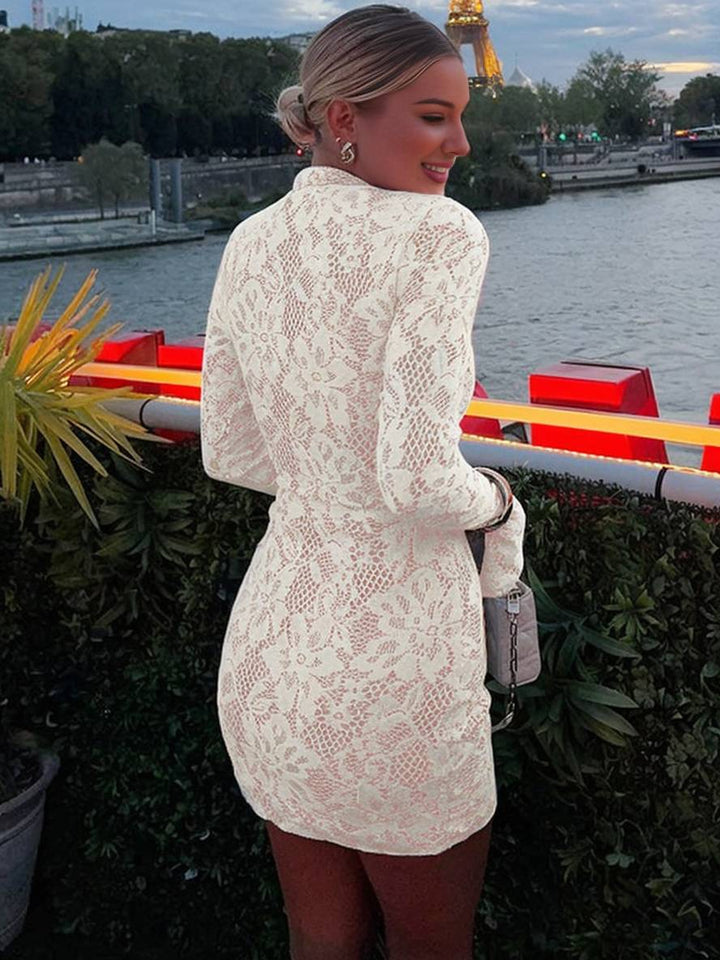 Levoire | Robe Courte À Dentelle Encolure Ajustée Col Mao Manches Larges Manches Longues Femme Robe De Cocktail Élégante