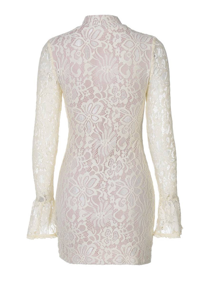 Levoire | Robe Courte À Dentelle Encolure Ajustée Col Mao Manches Larges Manches Longues Femme Robe De Cocktail Élégante