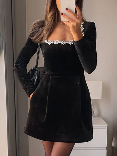 Levoire | Robe Trapèze Courte En Velours Avec Décolleté Carré, Manches Longues, Poches Pour Femmes, Douce, Élégante, Robe De Cocktail D'Anniversaire