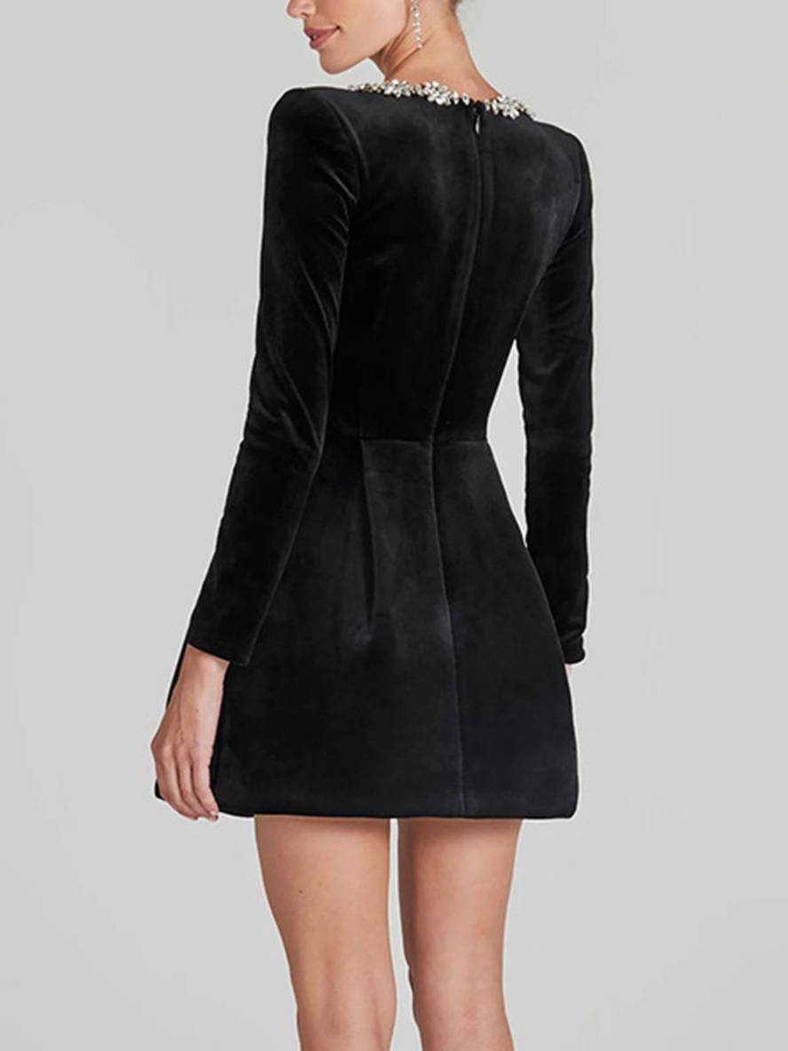 Levoire | Robe Trapèze Courte En Velours Avec Décolleté Carré, Manches Longues, Poches Pour Femmes, Douce, Élégante, Robe De Cocktail D'Anniversaire