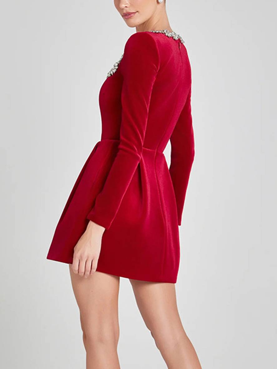 Levoire | Robe Trapèze Courte En Velours Avec Décolleté Carré, Manches Longues, Poches Pour Femmes, Douce, Élégante, Robe De Cocktail D'Anniversaire