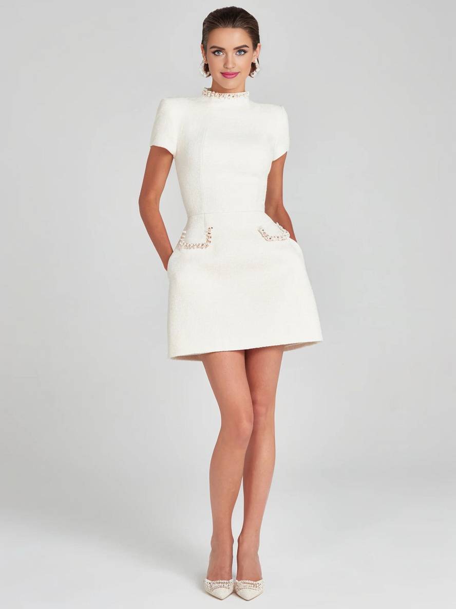 Levoire | Robe En Tweed Courte À Col Roulé À Manches Courtes Avec Poches Pour Dames, Élégant Costume De Soirée Pour Cocktail De Mariage