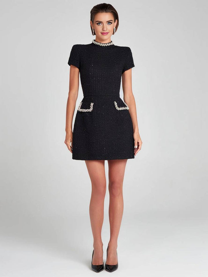 Levoire | Robe En Tweed Courte À Col Roulé À Manches Courtes Avec Poches Pour Dames, Élégant Costume De Soirée Pour Cocktail De Mariage