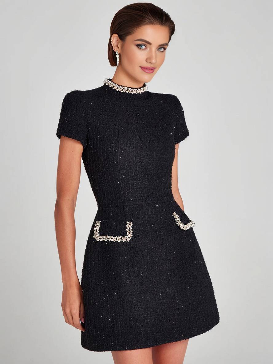 Levoire | Robe En Tweed Courte À Col Roulé À Manches Courtes Avec Poches Pour Dames, Élégant Costume De Soirée Pour Cocktail De Mariage