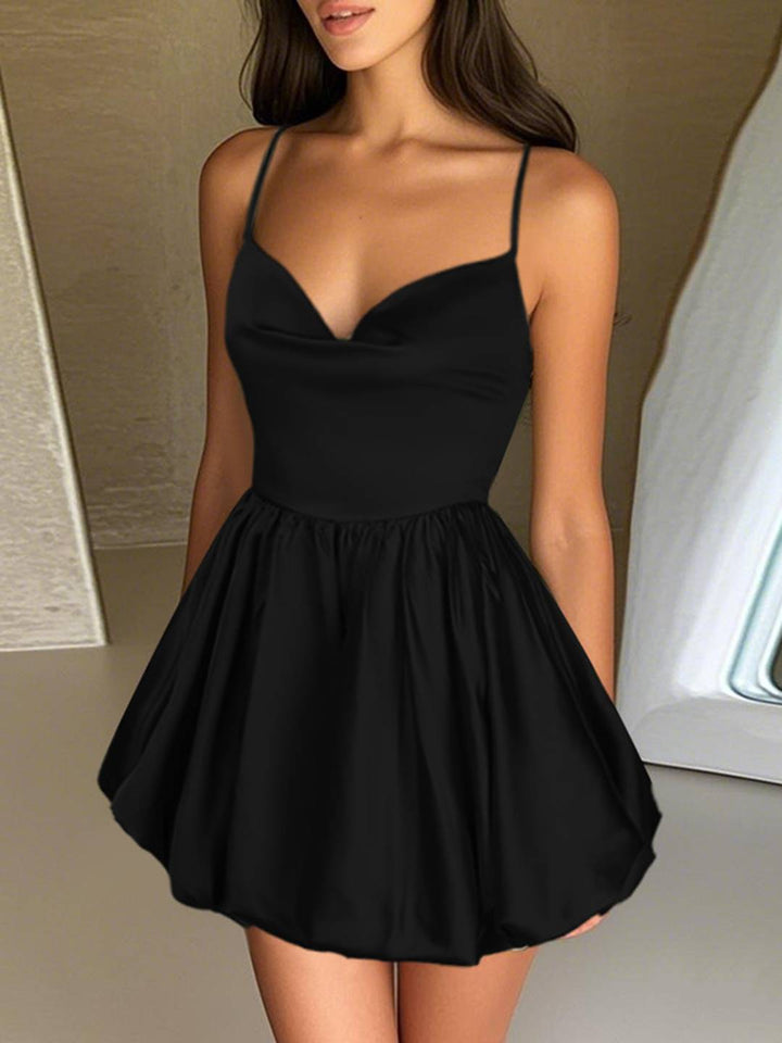 Levoire | Robe Satin Courte Avec Décolleté En V Et Fines Bretelles, Sans Dos, Sans Manches, Femme, Doux, Élégant, Fête, Cocktail, Anniversaire