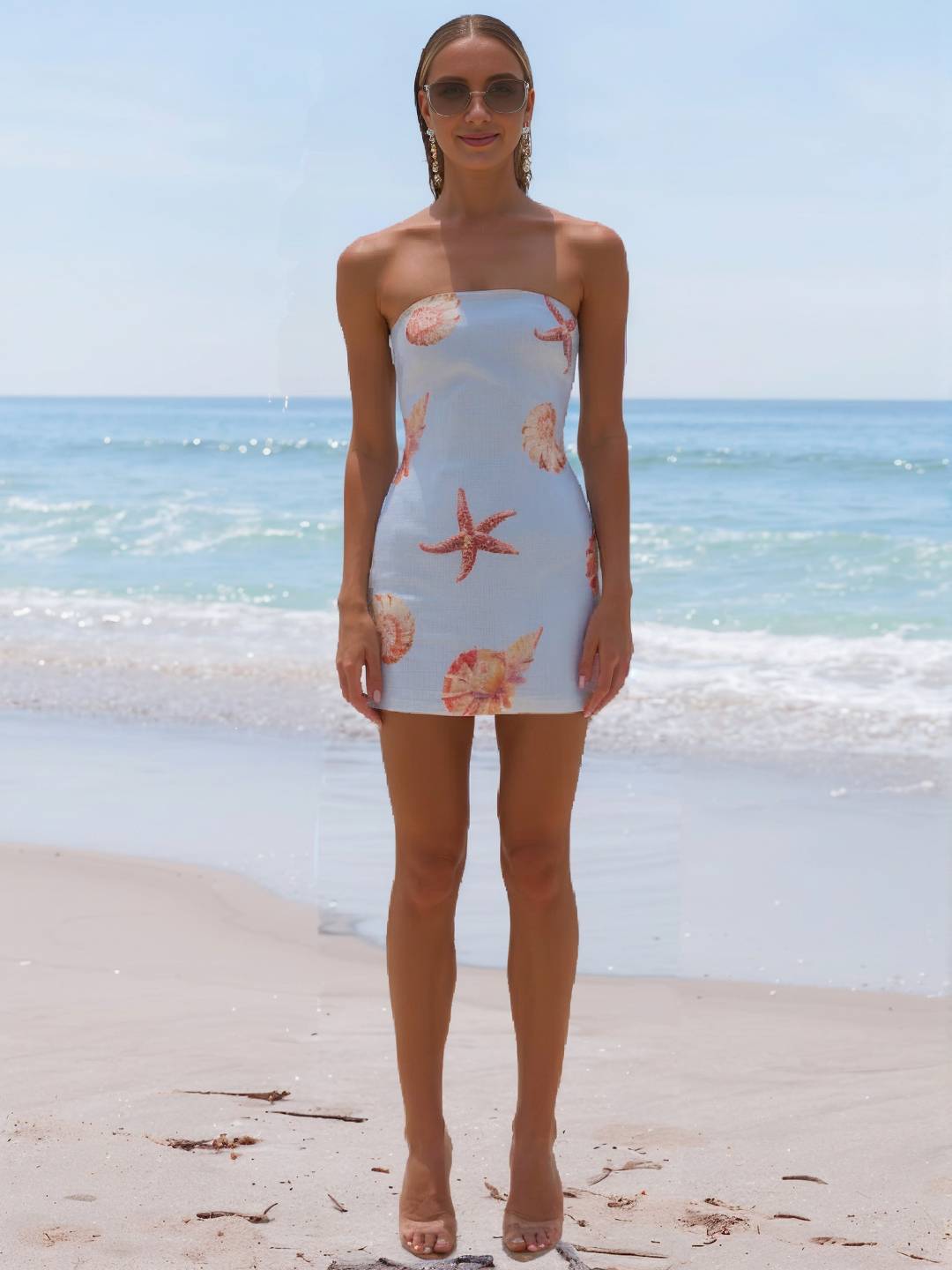 Levoire | Robe Courte Bustier Avec Motifs De Coquillages Et D'Étoiles De Mer Décontractée Pour Les Vacances D'Été