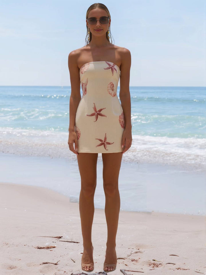 Levoire | Robe Courte Bustier Avec Motifs De Coquillages Et D'Étoiles De Mer Décontractée Pour Les Vacances D'Été Abricot