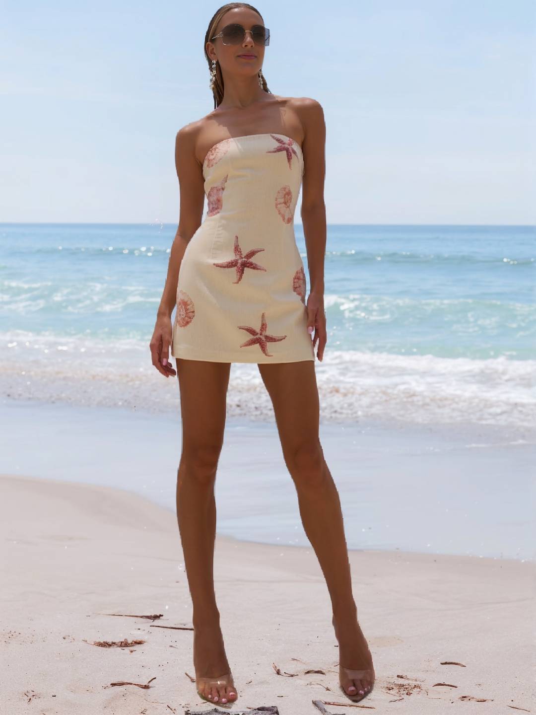 Levoire | Robe Courte Bustier Avec Motifs De Coquillages Et D'Étoiles De Mer Décontractée Pour Les Vacances D'Été