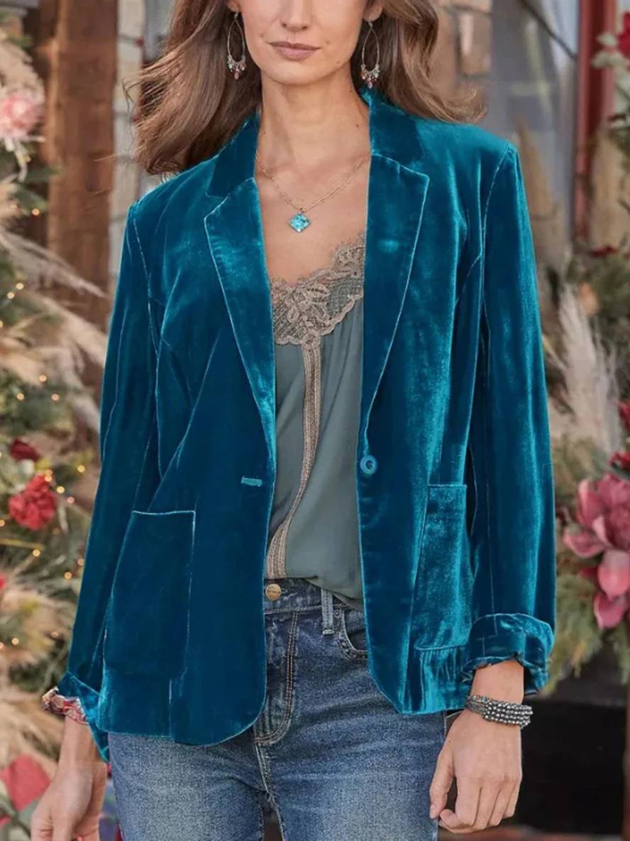 Levoire | Blazer Velours Vintage Boutons Poches Col Revers Femme Vêtements De Loisirs Bleu