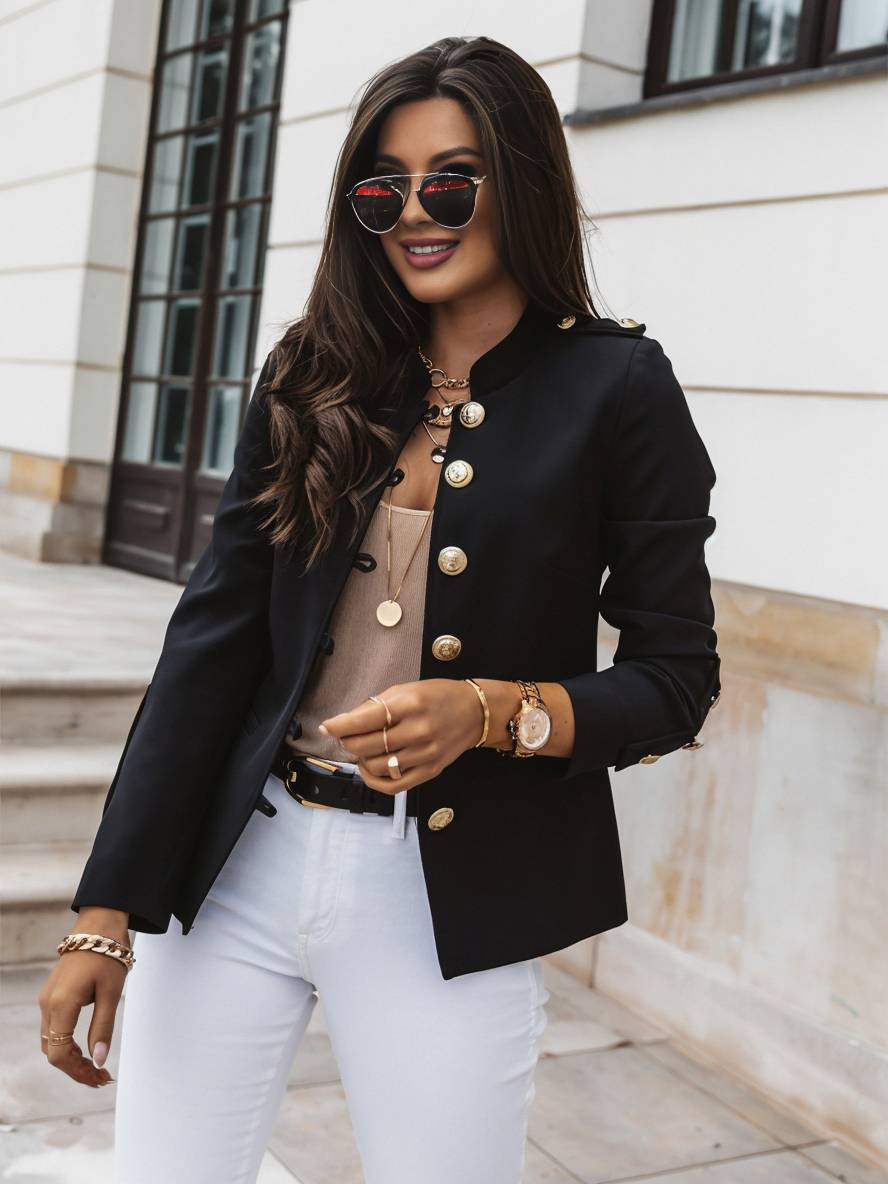 Levoire | Veste De Commandant Courte Avec Col À Boutons Pour Femmes Blazer Élégant Noir