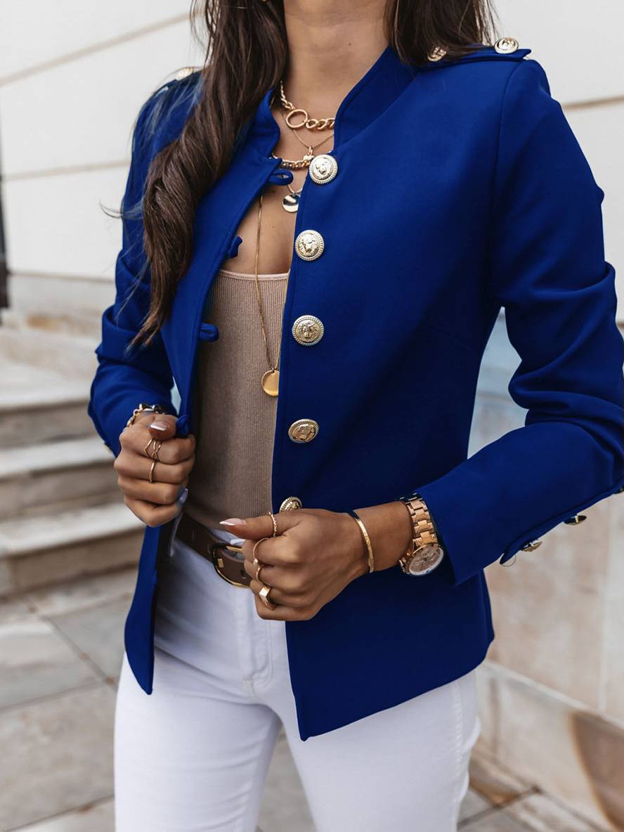 Levoire | Veste De Commandant Courte Avec Col À Boutons Pour Femmes Blazer Élégant Bleu saphir