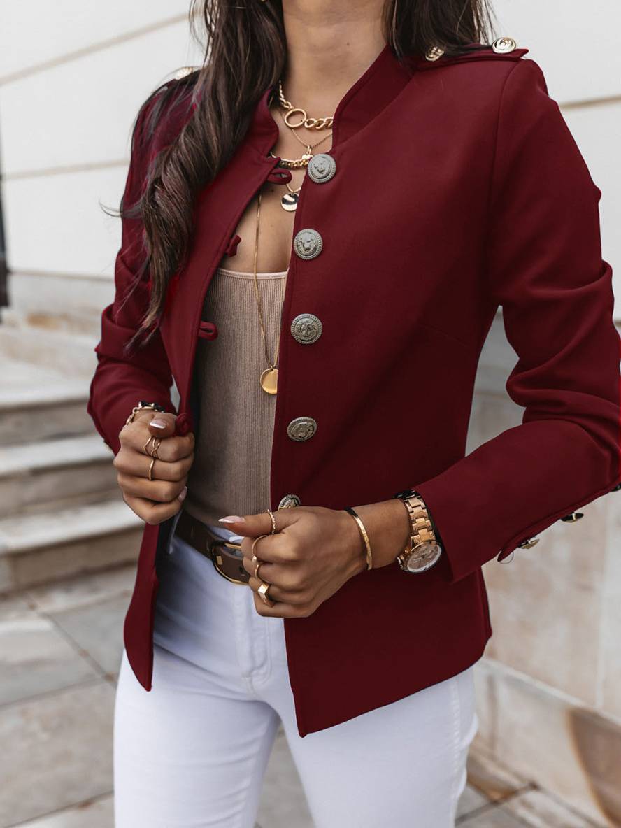 Levoire | Veste De Commandant Courte Avec Col À Boutons Pour Femmes Blazer Élégant Bordeaux