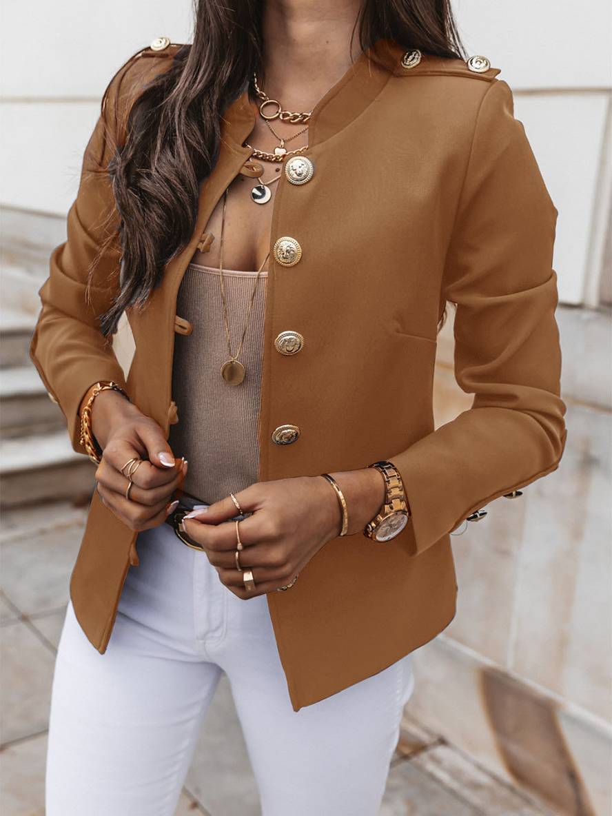 Levoire | Veste De Commandant Courte Avec Col À Boutons Pour Femmes Blazer Élégant Chameau