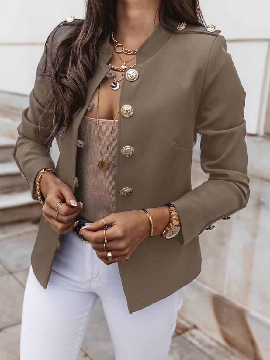 Levoire | Veste De Commandant Courte Avec Col À Boutons Pour Femmes Blazer Élégant Khaki