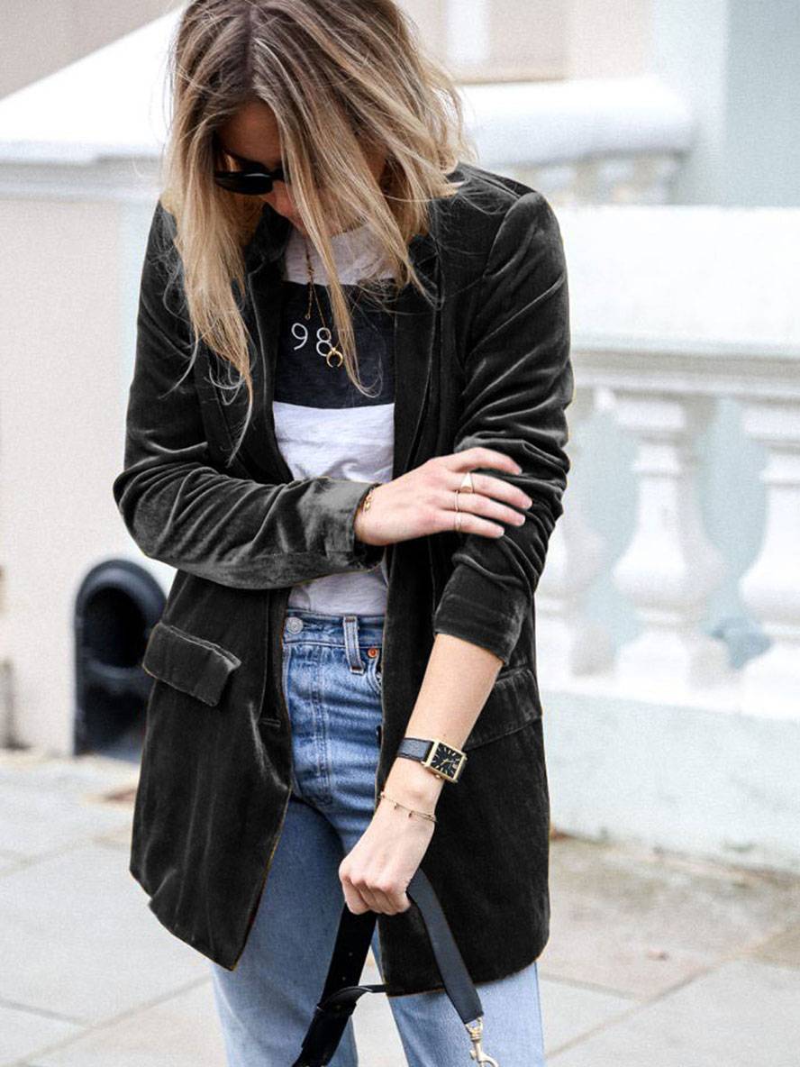Levoire | Mi-Long Blazer En Velours Boutons Poches Manches Longues Femmes Mode Élégante Veste Noir