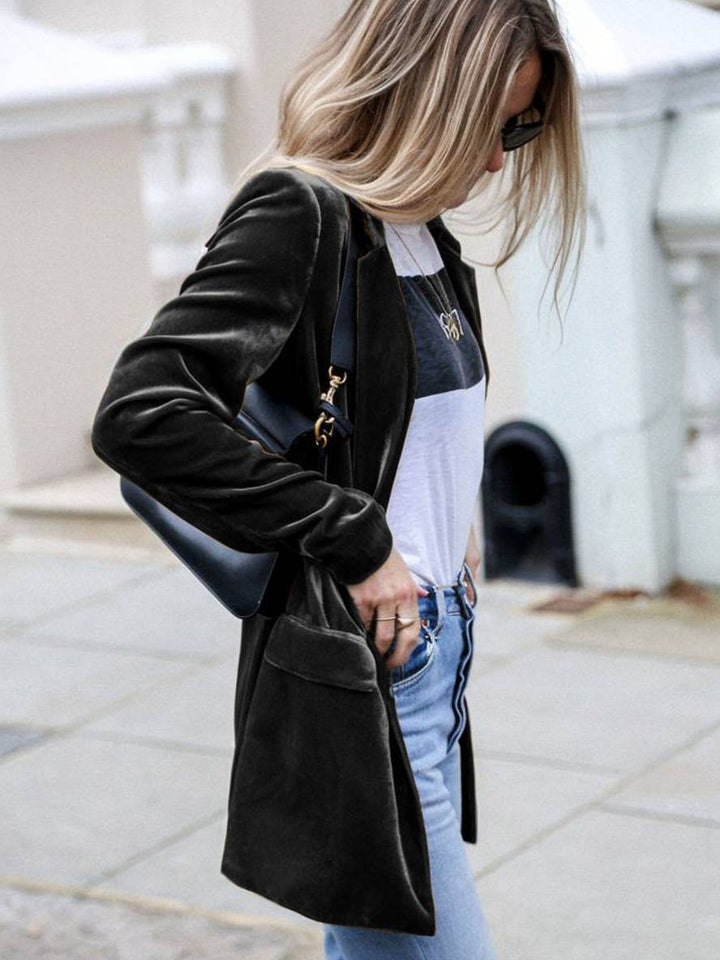 Levoire | Mi-Long Blazer En Velours Boutons Poches Manches Longues Femmes Mode Élégante Veste