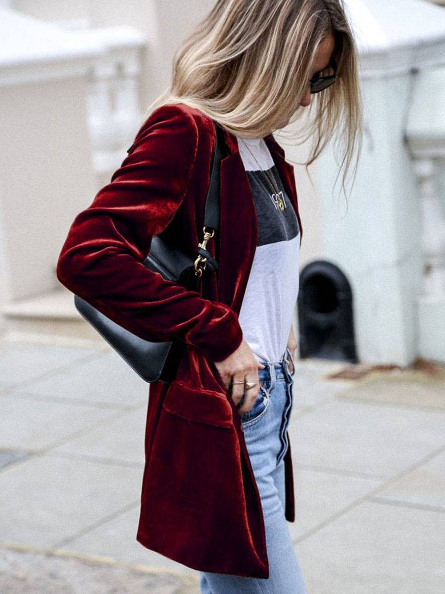 Levoire | Mi-Long Blazer En Velours Boutons Poches Manches Longues Femmes Mode Élégante Veste