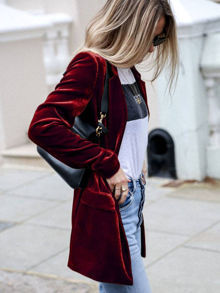 Levoire | Mi-Long Blazer En Velours Boutons Poches Manches Longues Femmes Mode Élégante Veste