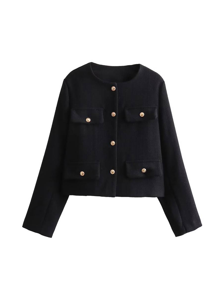 Levoire | Blazer Court En Tweed Avec Boutons Poches En Col Rond Manches Longues Femmes Élégant Décontracté Mode Noir