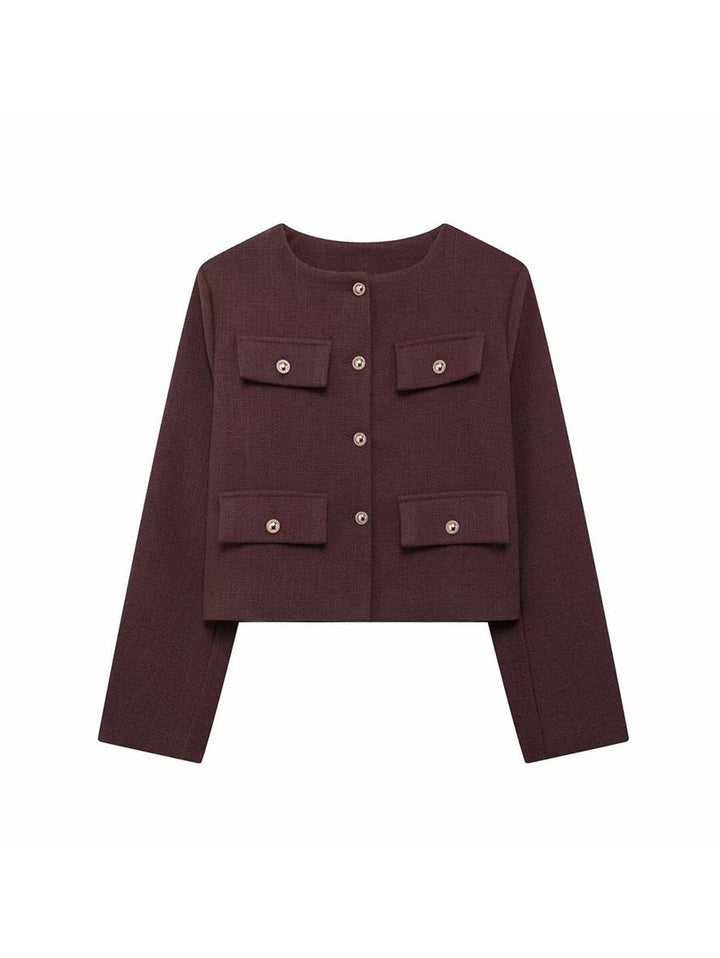 Levoire | Blazer Court En Tweed Avec Boutons Poches En Col Rond Manches Longues Femmes Élégant Décontracté Mode Bordeaux