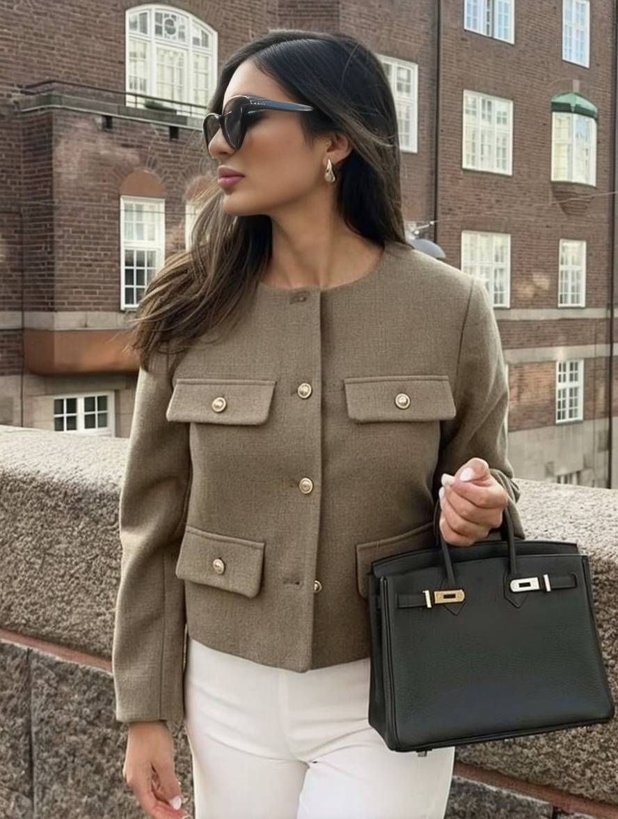 Levoire | Blazer Court En Tweed Avec Boutons Poches En Col Rond Manches Longues Femmes Élégant Décontracté Mode