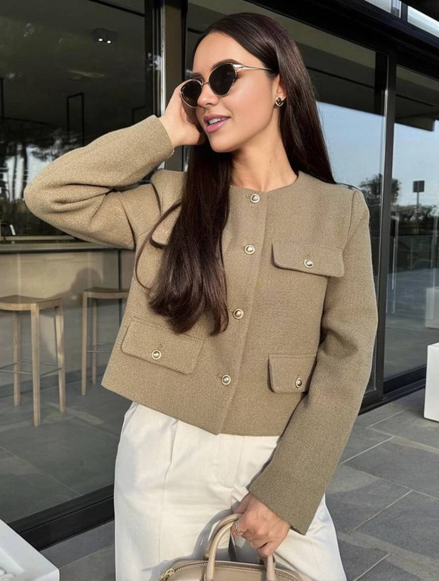 Levoire | Blazer Court En Tweed Avec Boutons Poches En Col Rond Manches Longues Femmes Élégant Décontracté Mode