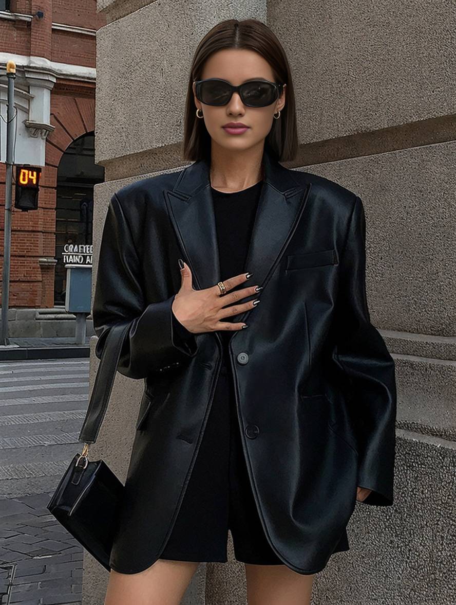 Levoire | Blazer Cuir Synthétique Boutons Poches Manches Longues Femme Élégant Décontracté Lâche Manteau Noir