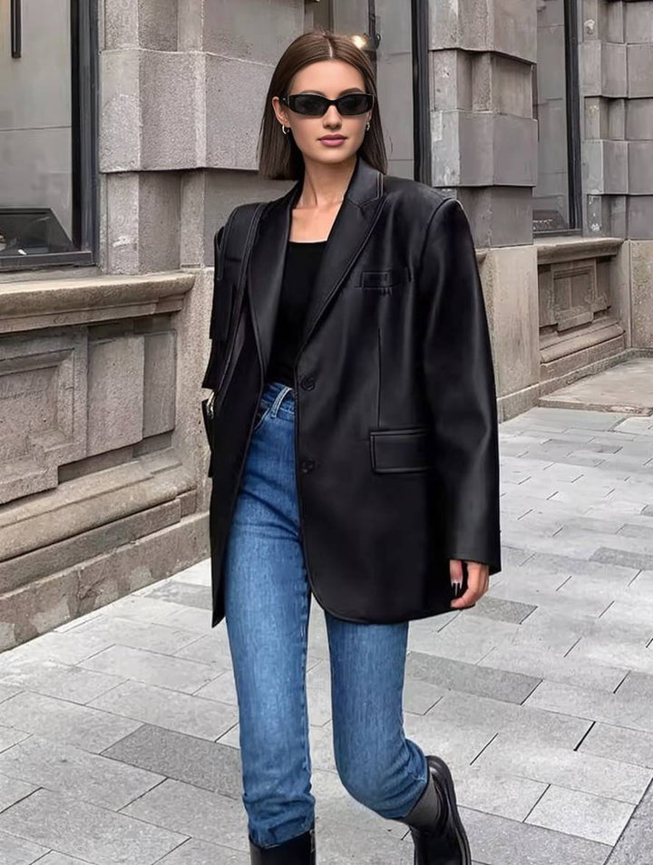 Levoire | Blazer Cuir Synthétique Boutons Poches Manches Longues Femme Élégant Décontracté Lâche Manteau