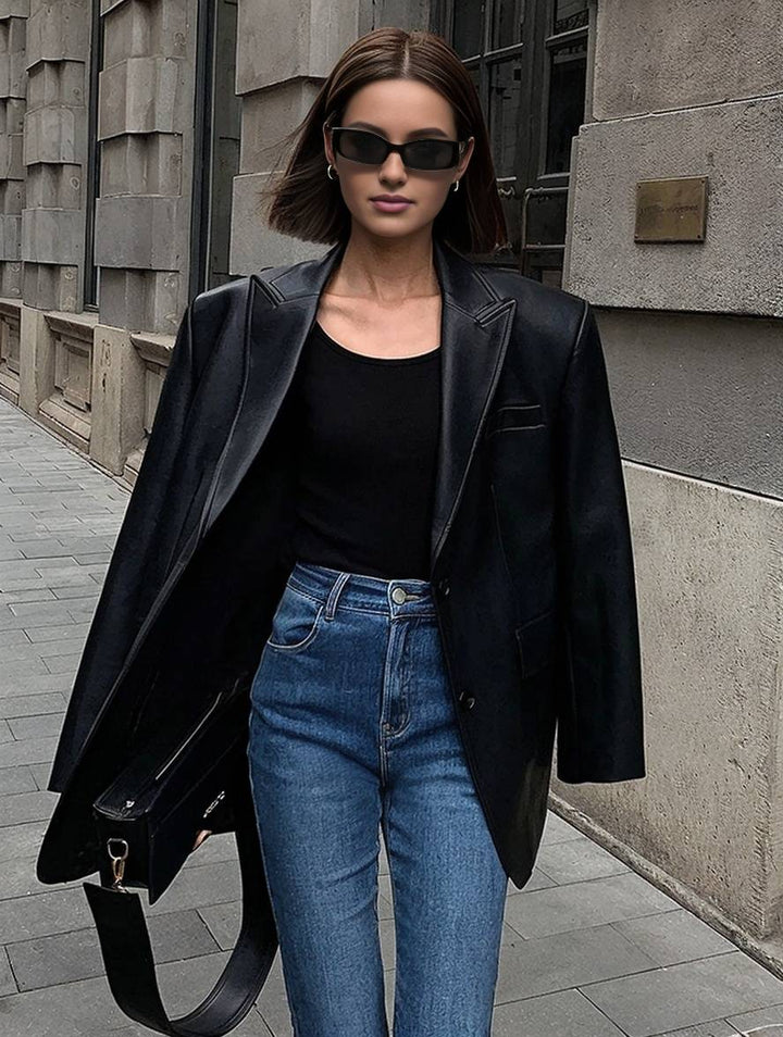 Levoire | Blazer Cuir Synthétique Boutons Poches Manches Longues Femme Élégant Décontracté Lâche Manteau