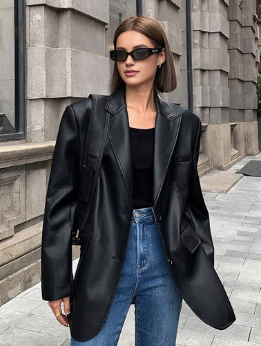 Levoire | Blazer Cuir Synthétique Boutons Poches Manches Longues Femme Élégant Décontracté Lâche Manteau