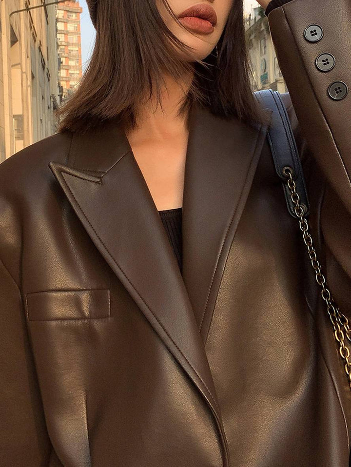 Levoire | Blazer Cuir Synthétique Boutons Poches Manches Longues Femme Élégant Décontracté Lâche Manteau