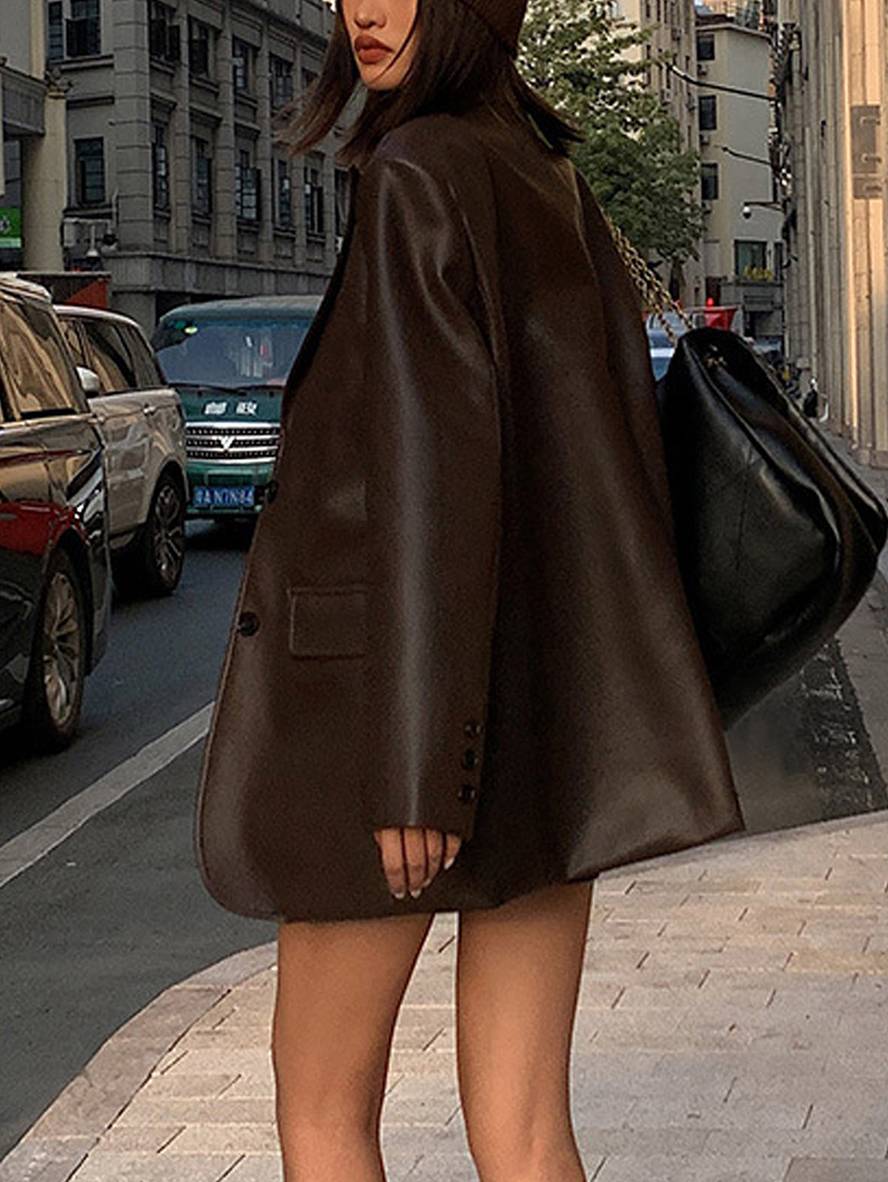 Levoire | Blazer Cuir Synthétique Boutons Poches Manches Longues Femme Élégant Décontracté Lâche Manteau