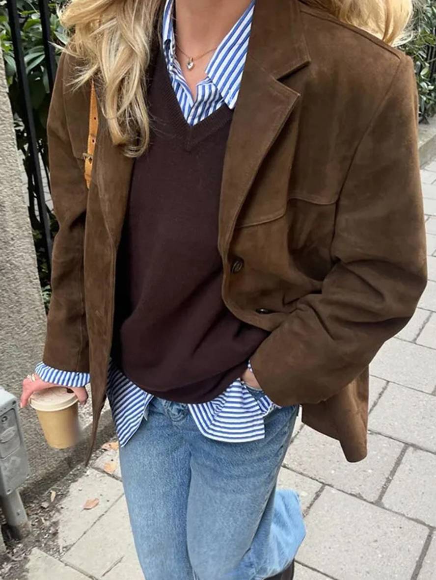 Levoire | Blazer En Daim Boutons Poches Longues Manche Femmes Élégant Vintage Décontracté Veste En Daim