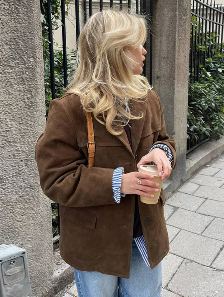 Levoire | Blazer En Daim Boutons Poches Longues Manche Femmes Élégant Vintage Décontracté Veste En Daim