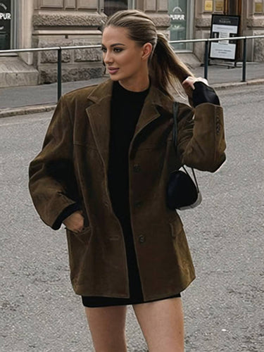Levoire | Blazer Oversize En Daim À Boutons, Poches, Col Revers, Manches Longues, Élégant, Vintage, Décontracté, Femme
