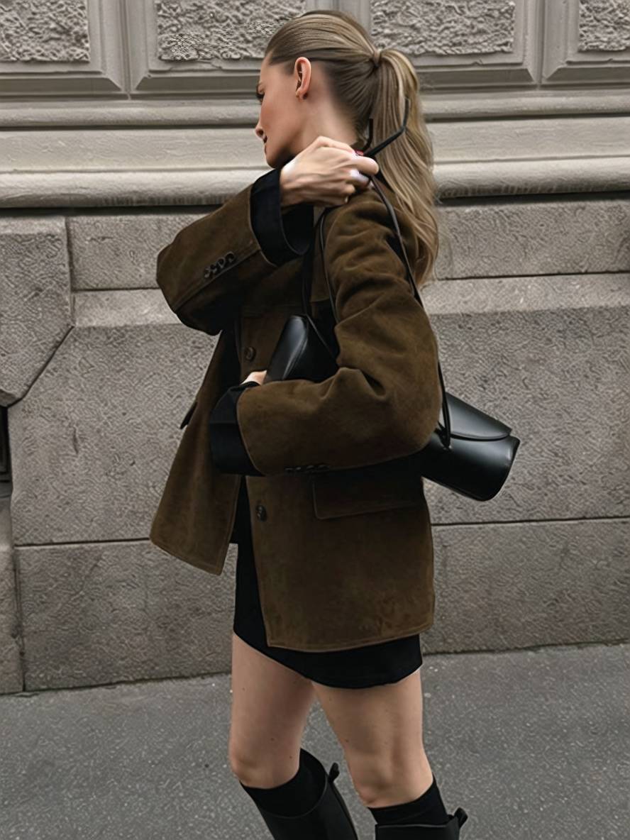 Levoire | Blazer Oversize En Daim À Boutons, Poches, Col Revers, Manches Longues, Élégant, Vintage, Décontracté, Femme