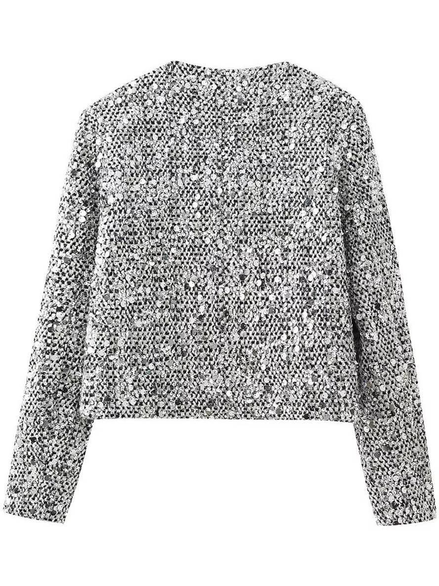 Levoire | Blazer Tweed Brillant Paillettes Col Rond Poches Manches Longues Femme Élégant Décontracté Veste
