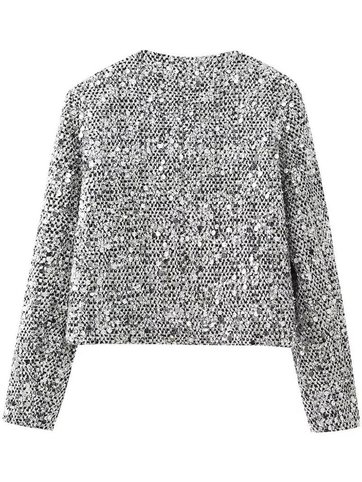 Levoire | Blazer Tweed Brillant Paillettes Col Rond Poches Manches Longues Femme Élégant Décontracté Veste