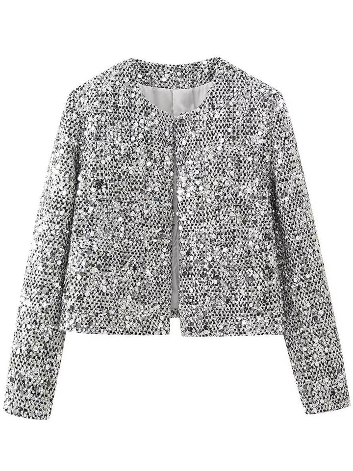 Levoire | Blazer Tweed Brillant Paillettes Col Rond Poches Manches Longues Femme Élégant Décontracté Veste