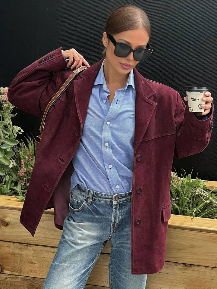 Levoire | Blazer En Daim Boutons Poches Longues Manche Femmes Élégant Vintage Décontracté Veste En Daim Bordeaux