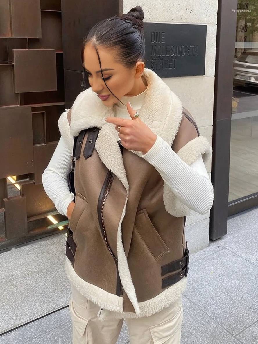 Levoire | Veste Manteau D'Avion Double À Poches En Polaire Ceinture Col À Revers Sans Manches Femmes Décontracté Hiver Manteau