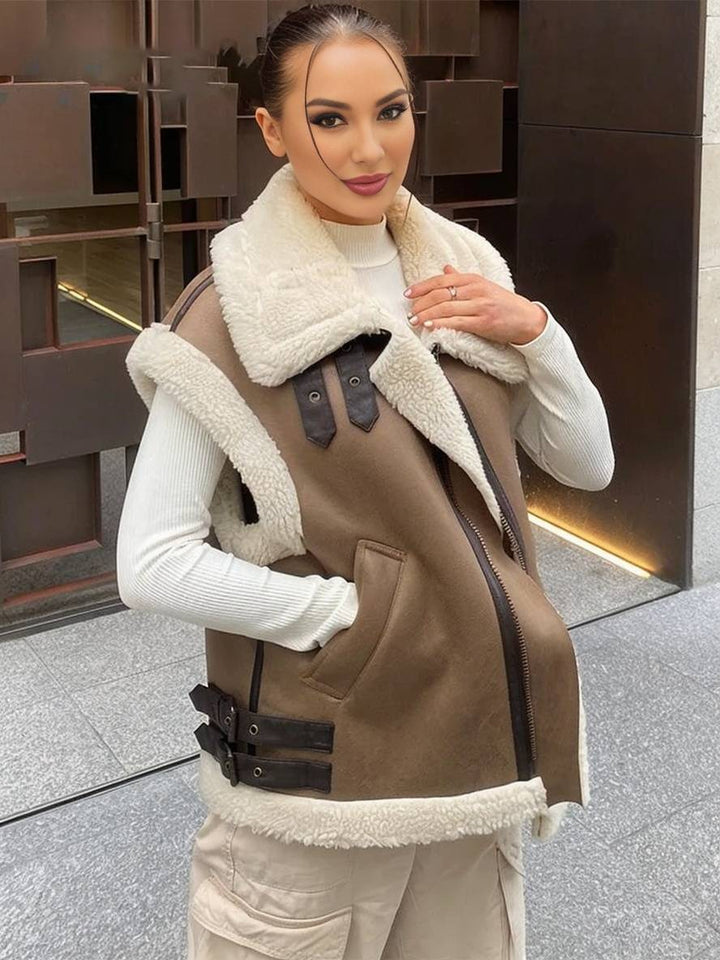 Levoire | Veste Manteau D'Avion Double À Poches En Polaire Ceinture Col À Revers Sans Manches Femmes Décontracté Hiver Manteau