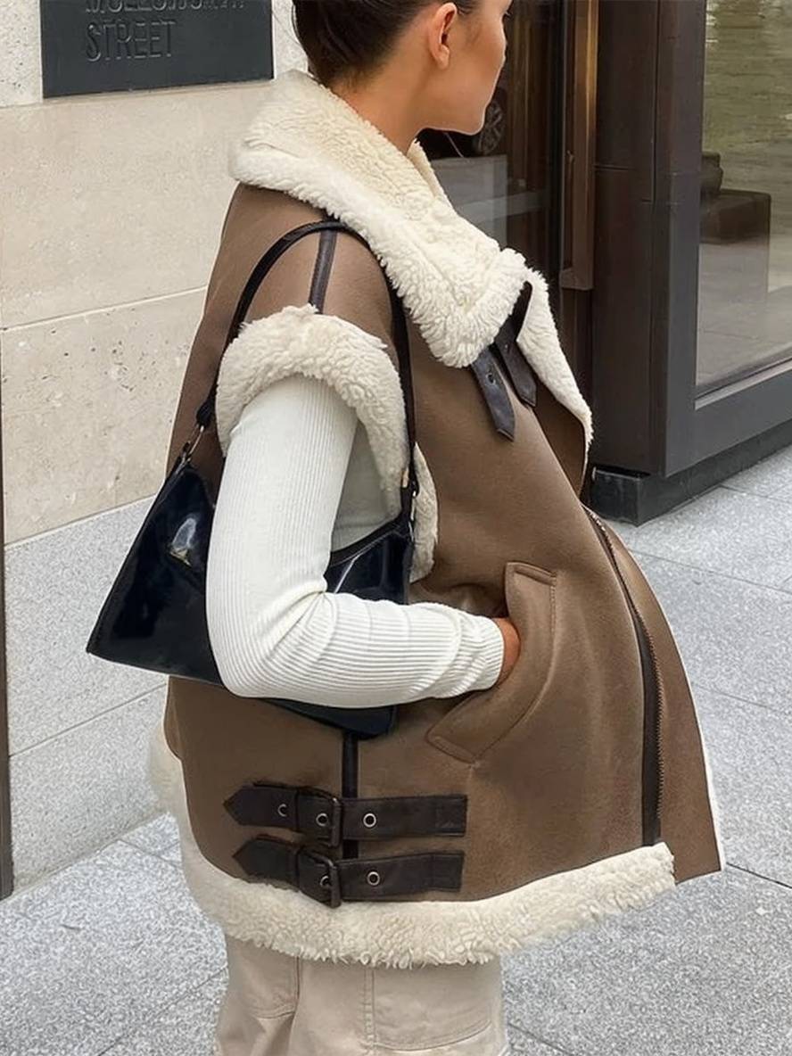 Levoire | Veste Manteau D'Avion Double À Poches En Polaire Ceinture Col À Revers Sans Manches Femmes Décontracté Hiver Manteau